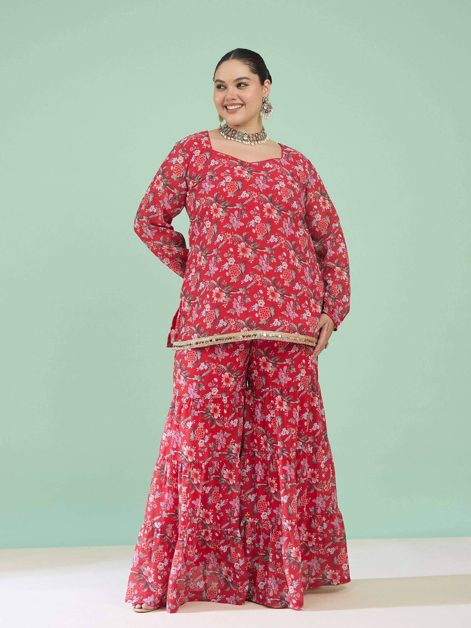 Women Red Floral Full Sleeves Short Kurta With Tiered Sharara