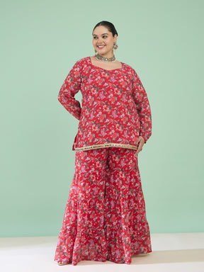 Women Red Floral Full Sleeves Short Kurta With Tiered Sharara