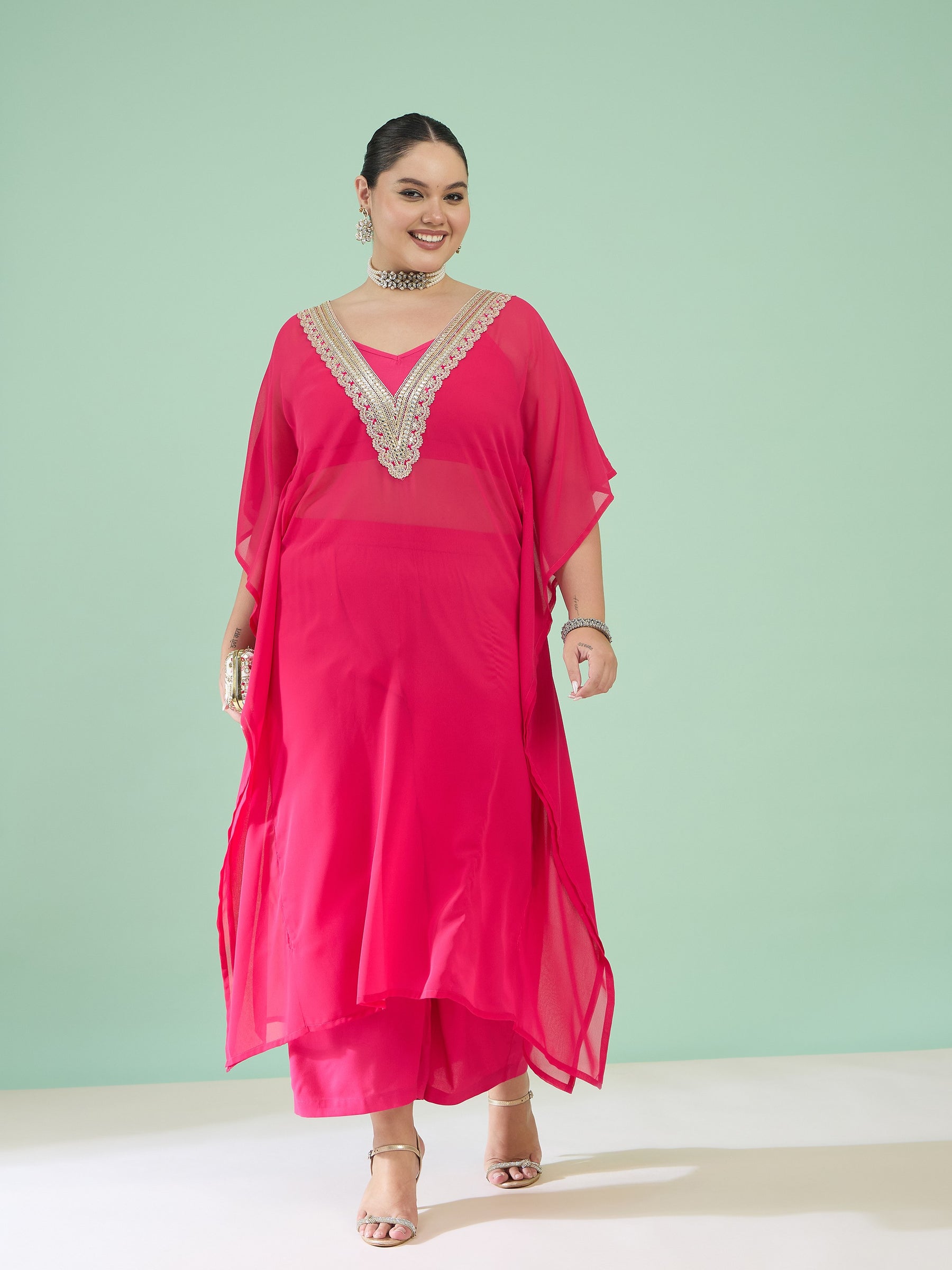 Women Fuchsia Kaftan With Cami & Straight Pants