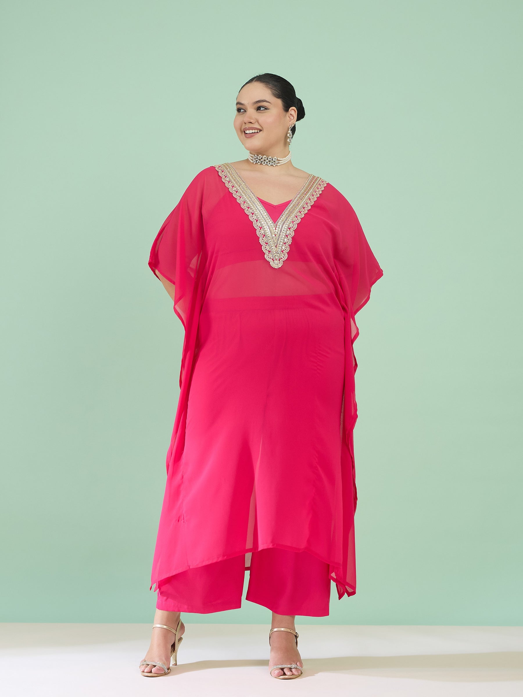 Women Fuchsia Kaftan With Cami & Straight Pants