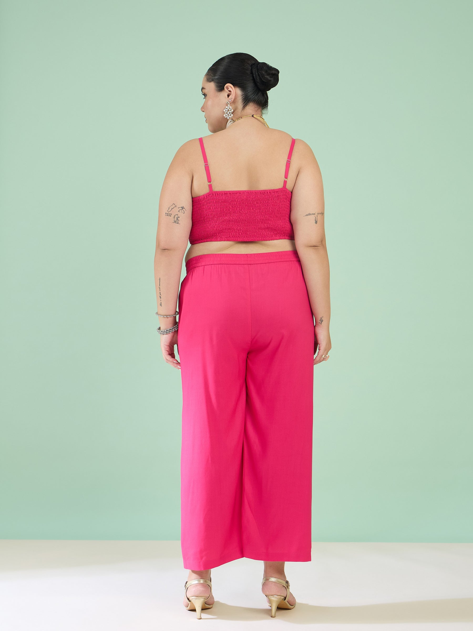 Women Fuchsia Kaftan With Cami & Straight Pants