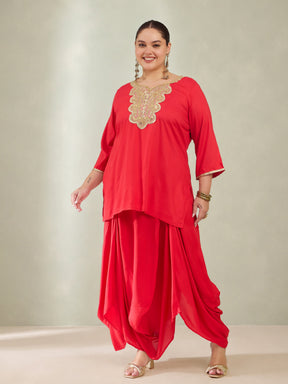 Red Embroidered Short Rayon Kurta With Dhoti Skirt-Shae by SASSAFRAS
