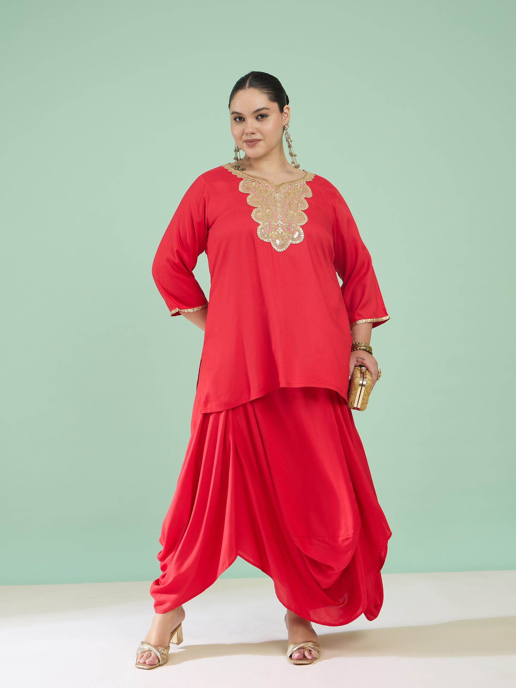 Red Embroidered Short Rayon Kurta With Dhoti Skirt-Shae by SASSAFRAS