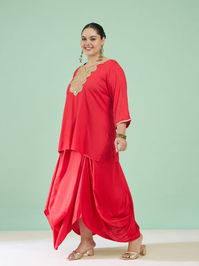 Red Embroidered Short Rayon Kurta With Dhoti Skirt-Shae by SASSAFRAS