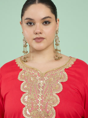Red Embroidered Short Rayon Kurta With Dhoti Skirt-Shae by SASSAFRAS