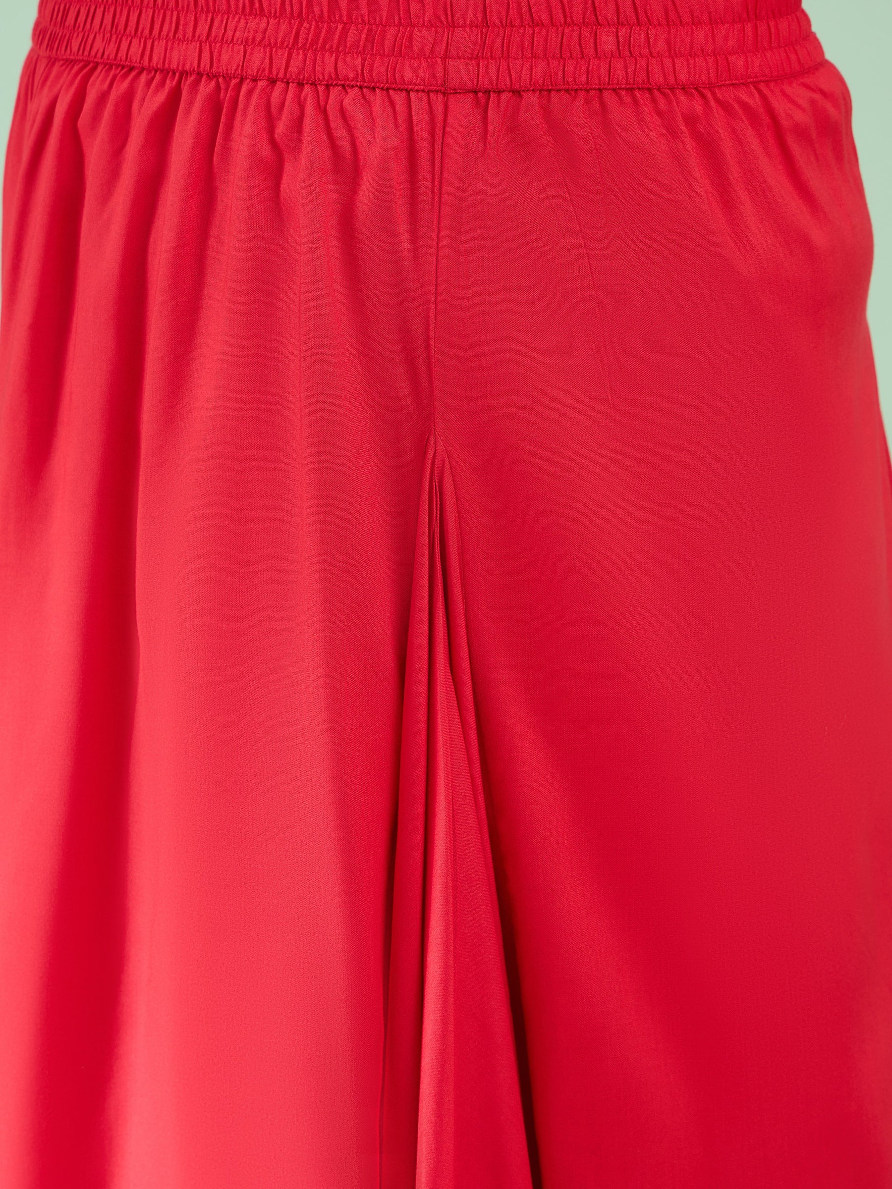 Women Red Embroidered Short Rayon Kurta With Dhoti Skirt