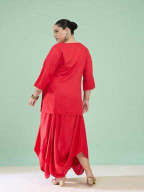 Women Red Embroidered Short Rayon Kurta With Dhoti Skirt