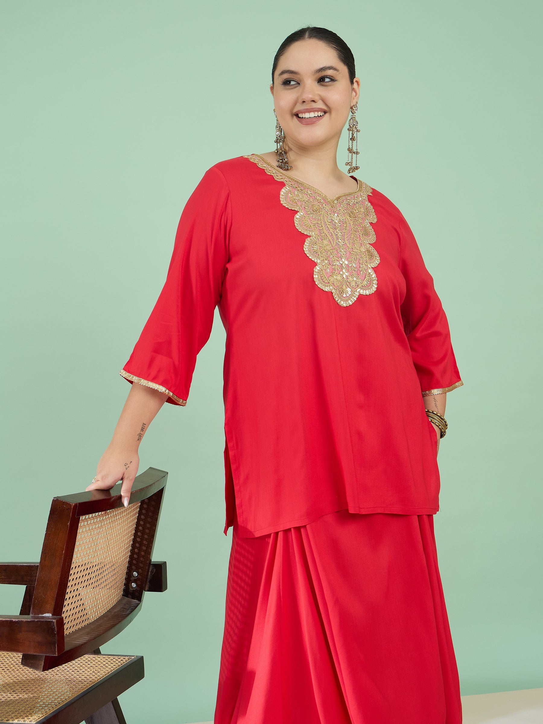 Women Red Embroidered Short Rayon Kurta With Dhoti Skirt