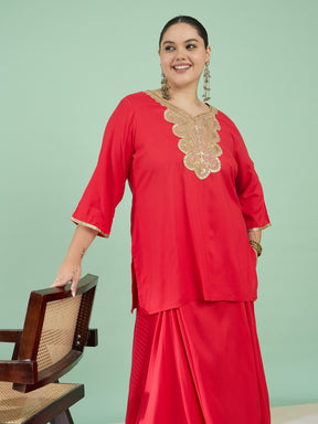 Women Red Embroidered Short Rayon Kurta With Dhoti Skirt