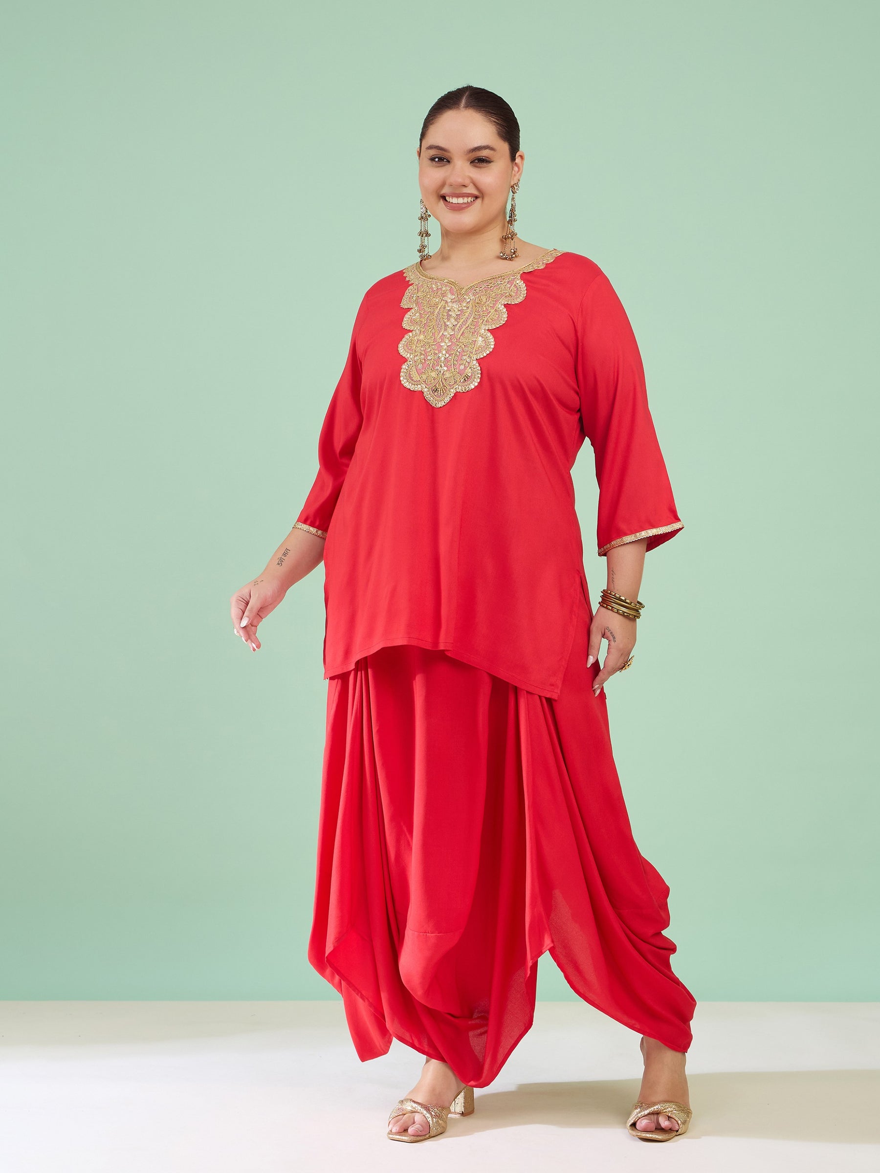 Women Red Embroidered Short Rayon Kurta With Dhoti Skirt