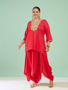 Women Red Embroidered Short Rayon Kurta With Dhoti Skirt