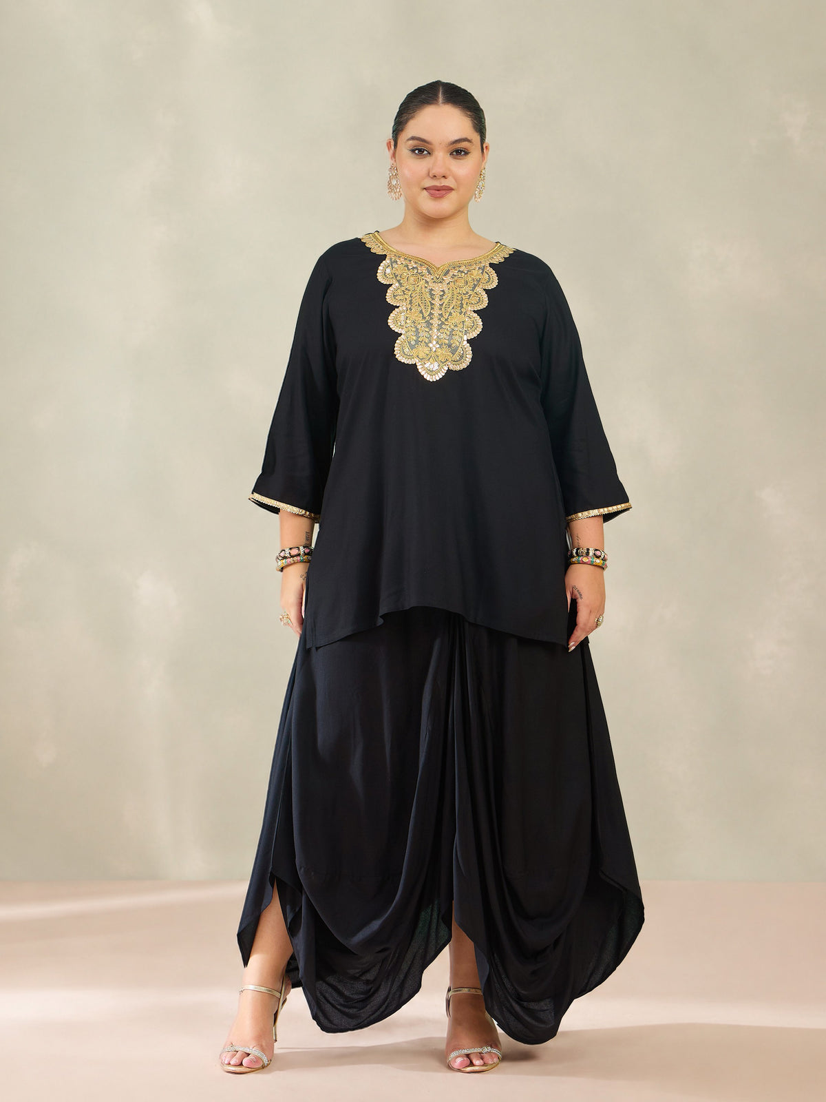 Black Embroidered Short Rayon Kurta With Dhoti Skirt-Shae by SASSAFRAS