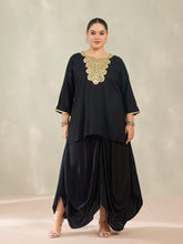 Black Embroidered Short Rayon Kurta With Dhoti Skirt-Shae by SASSAFRAS