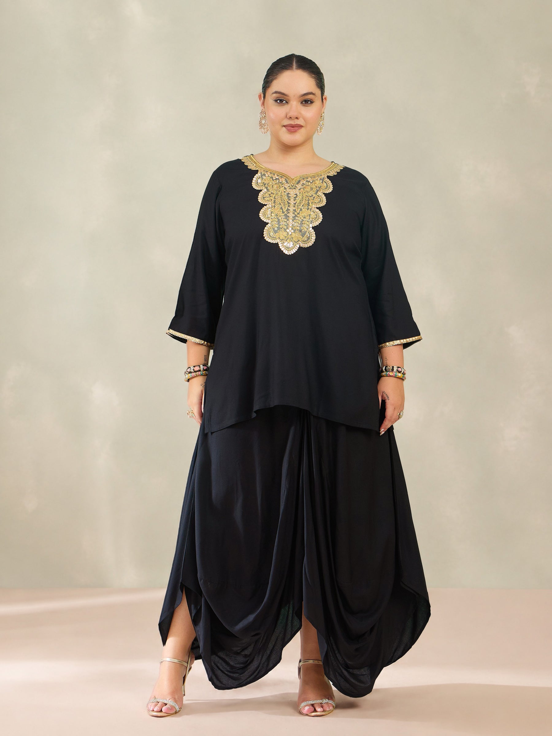 Black Embroidered Short Rayon Kurta With Dhoti Skirt-Shae by SASSAFRAS