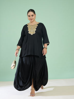 Black Embroidered Short Rayon Kurta With Dhoti Skirt-Shae by SASSAFRAS