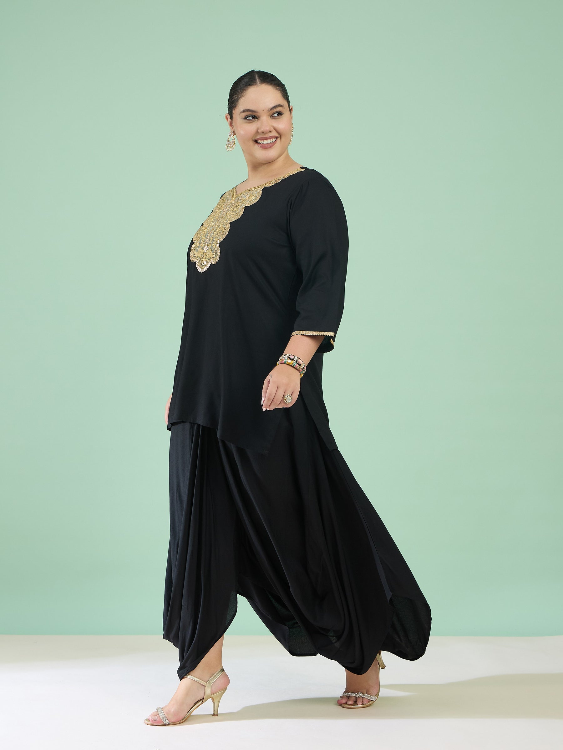 Black Embroidered Short Rayon Kurta With Dhoti Skirt-Shae by SASSAFRAS