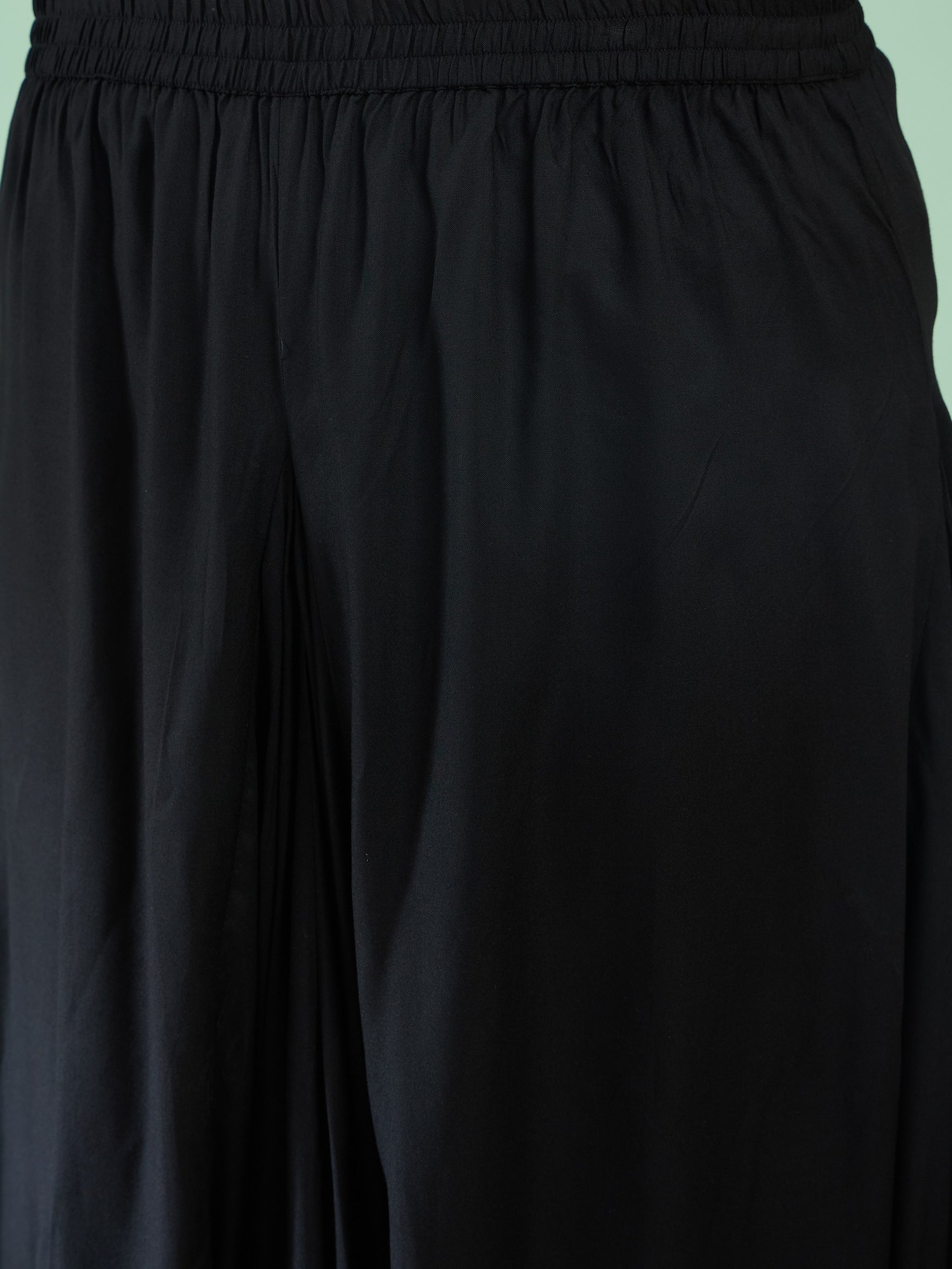Women Black Embroidered Short Rayon Kurta With Dhoti Skirt