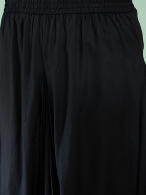 Women Black Embroidered Short Rayon Kurta With Dhoti Skirt
