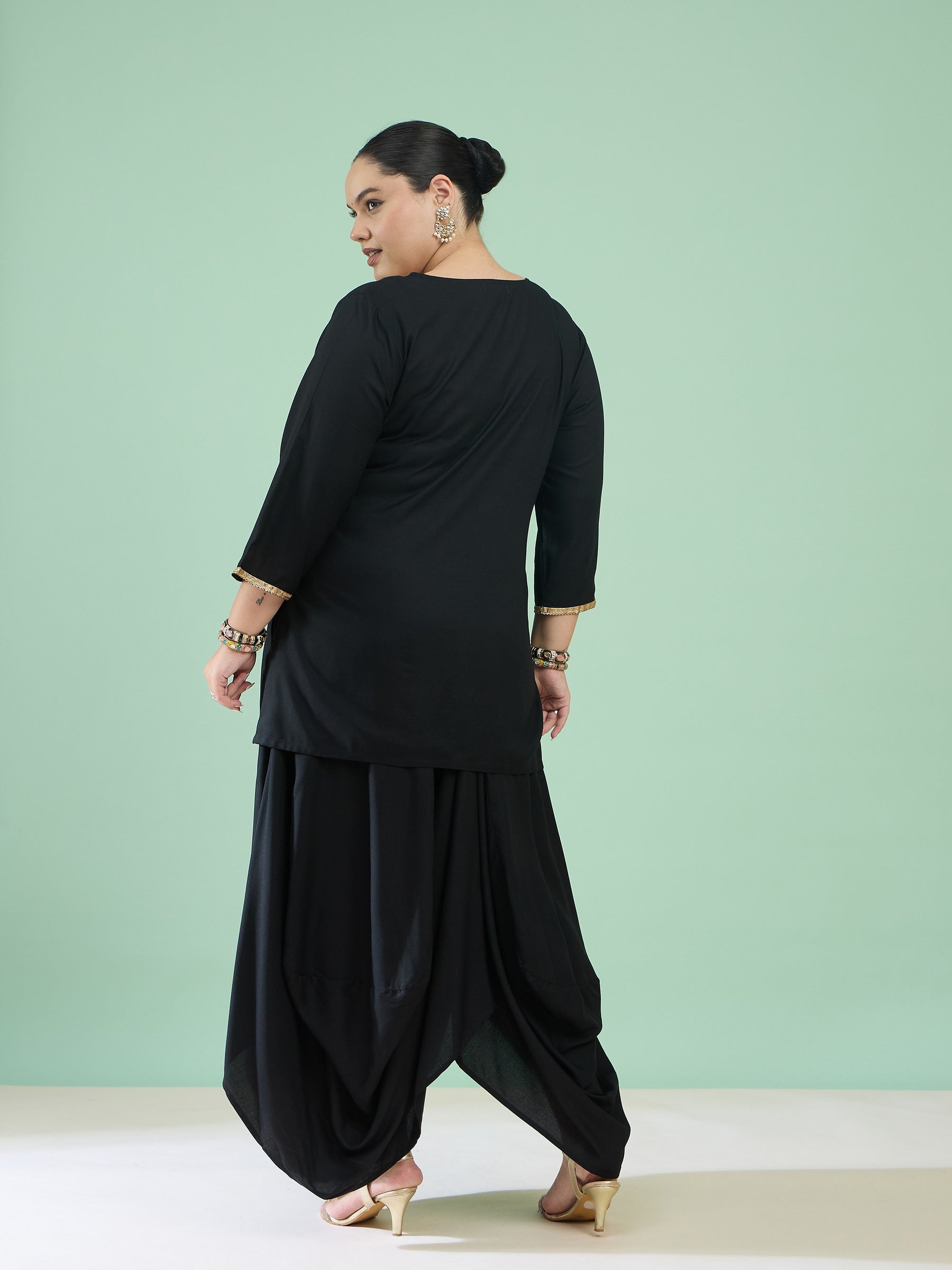 Women Black Embroidered Short Rayon Kurta With Dhoti Skirt