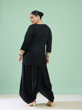 Women Black Embroidered Short Rayon Kurta With Dhoti Skirt