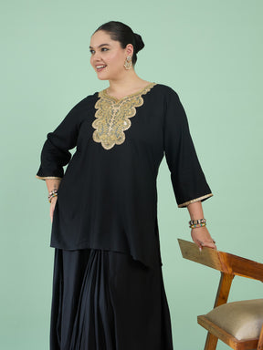 Women Black Embroidered Short Rayon Kurta With Dhoti Skirt