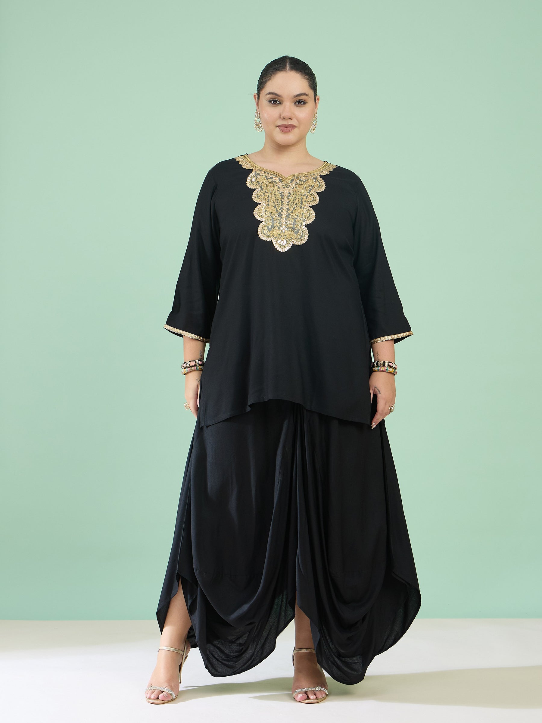 Women Black Embroidered Short Rayon Kurta With Dhoti Skirt