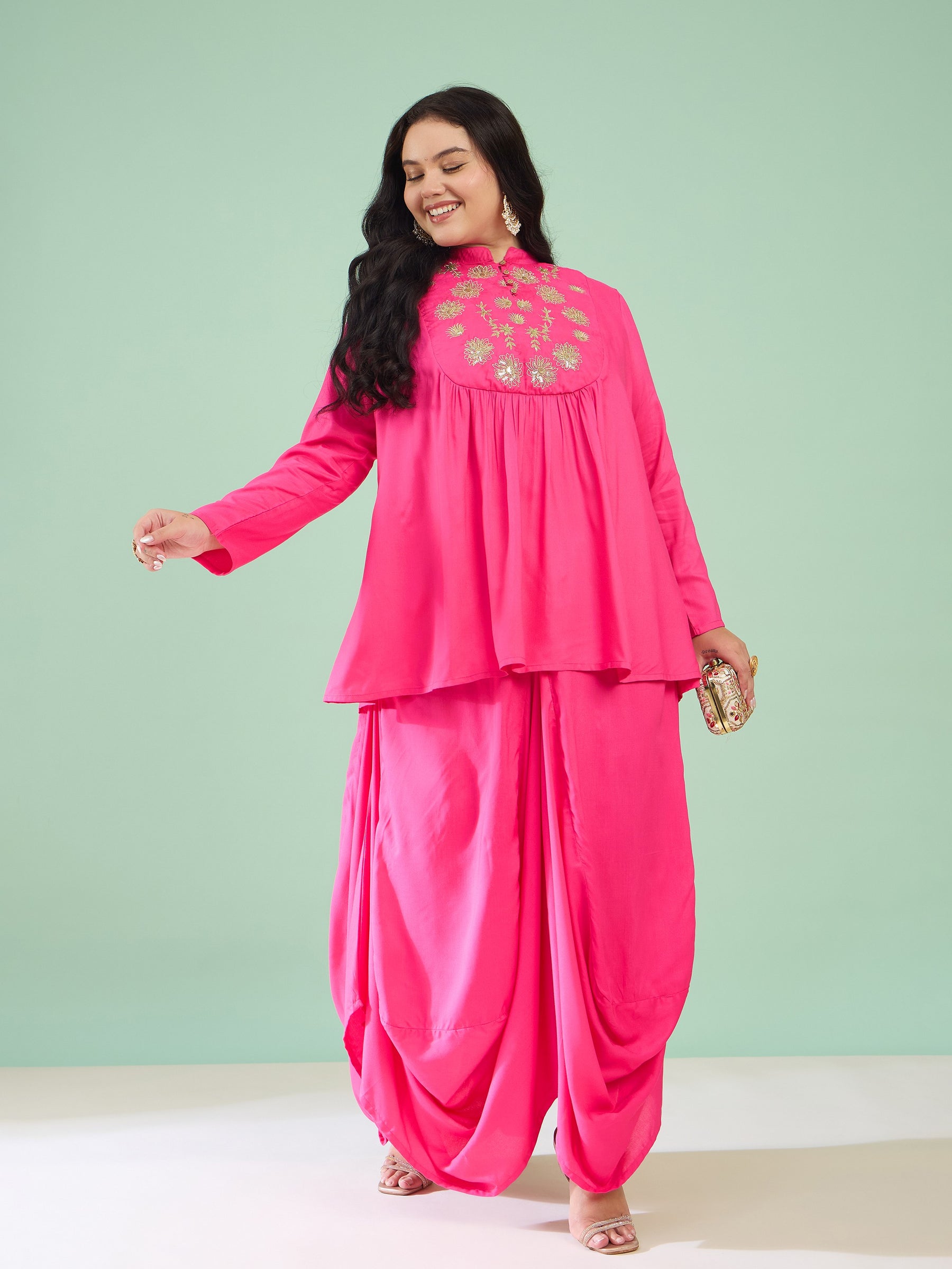 Fuchsia Rayon Embroidered Peplum Top With Dhoti Skirt-Shae by SASSAFRAS