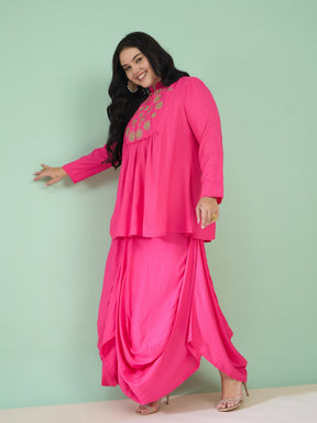 Fuchsia Rayon Embroidered Peplum Top With Dhoti Skirt-Shae by SASSAFRAS