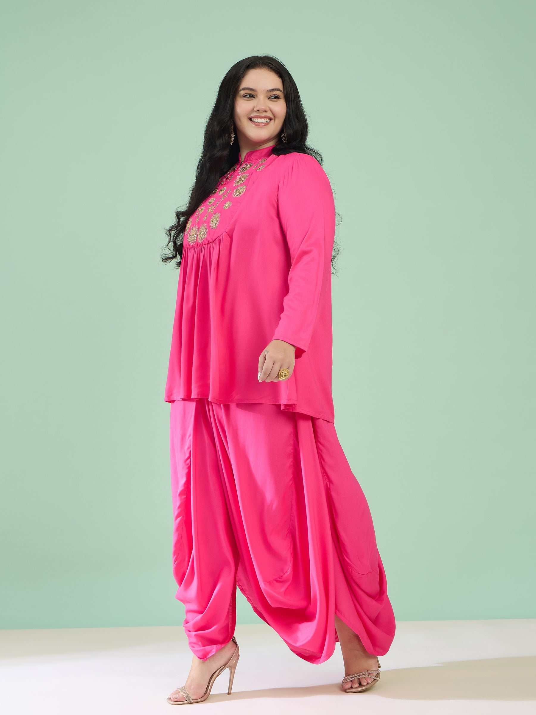 Fuchsia Rayon Embroidered Peplum Top With Dhoti Skirt-Shae by SASSAFRAS