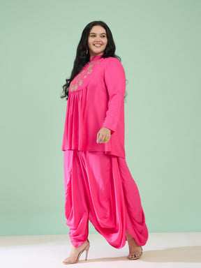 Fuchsia Rayon Embroidered Peplum Top With Dhoti Skirt-Shae by SASSAFRAS