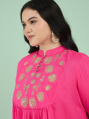 Fuchsia Rayon Embroidered Peplum Top With Dhoti Skirt-Shae by SASSAFRAS
