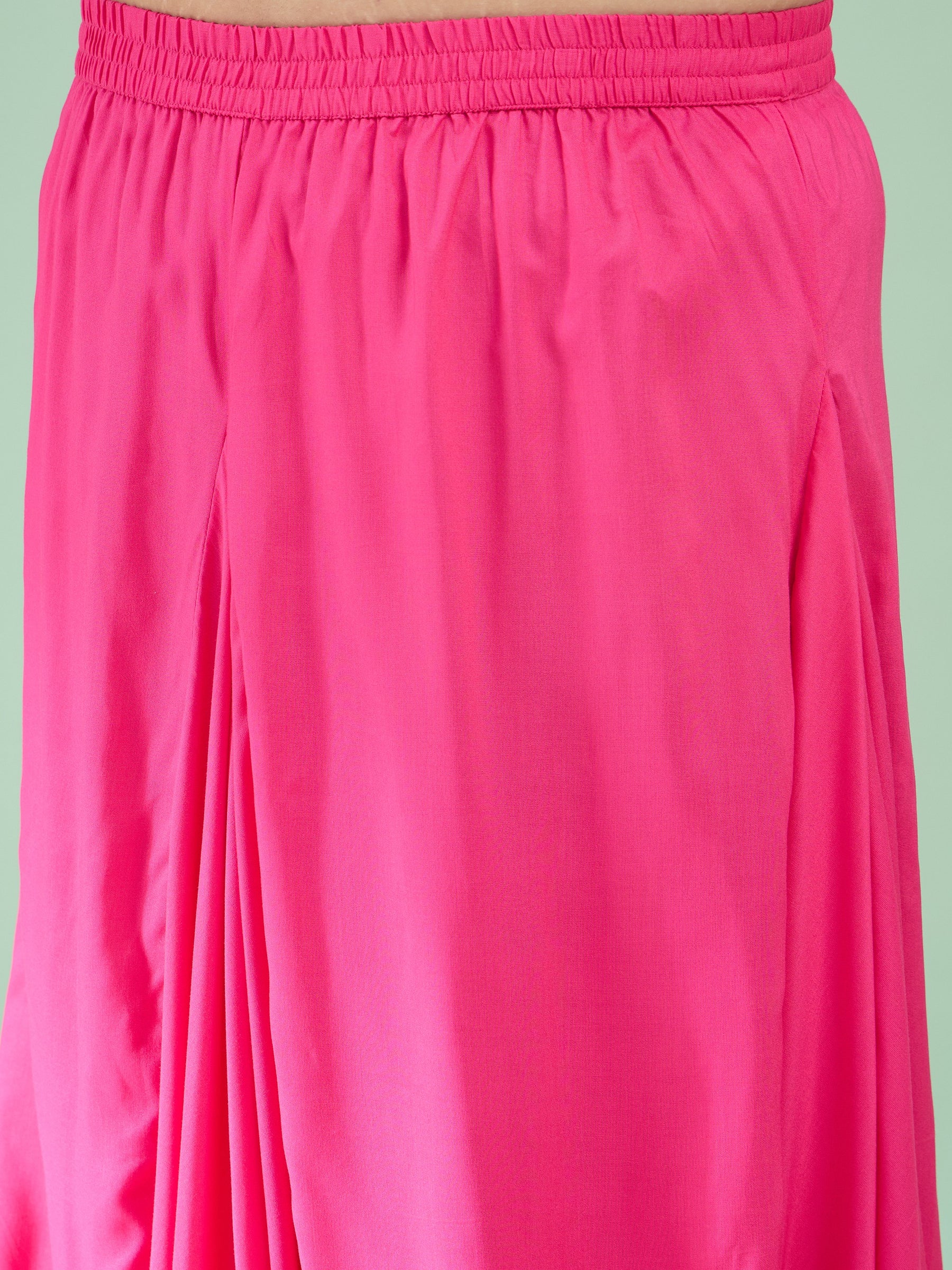Women Fuchsia Rayon Embroidered Peplum Top With Dhoti Skirt