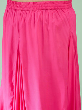 Women Fuchsia Rayon Embroidered Peplum Top With Dhoti Skirt