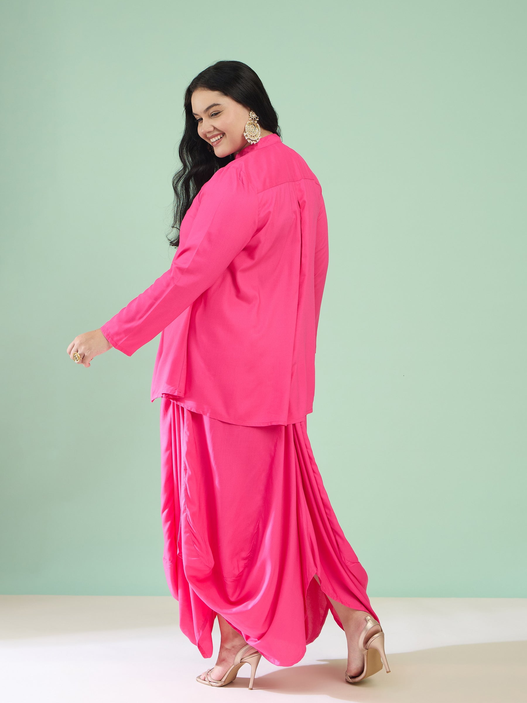 Women Fuchsia Rayon Embroidered Peplum Top With Dhoti Skirt
