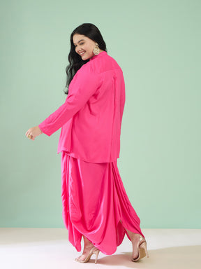 Women Fuchsia Rayon Embroidered Peplum Top With Dhoti Skirt