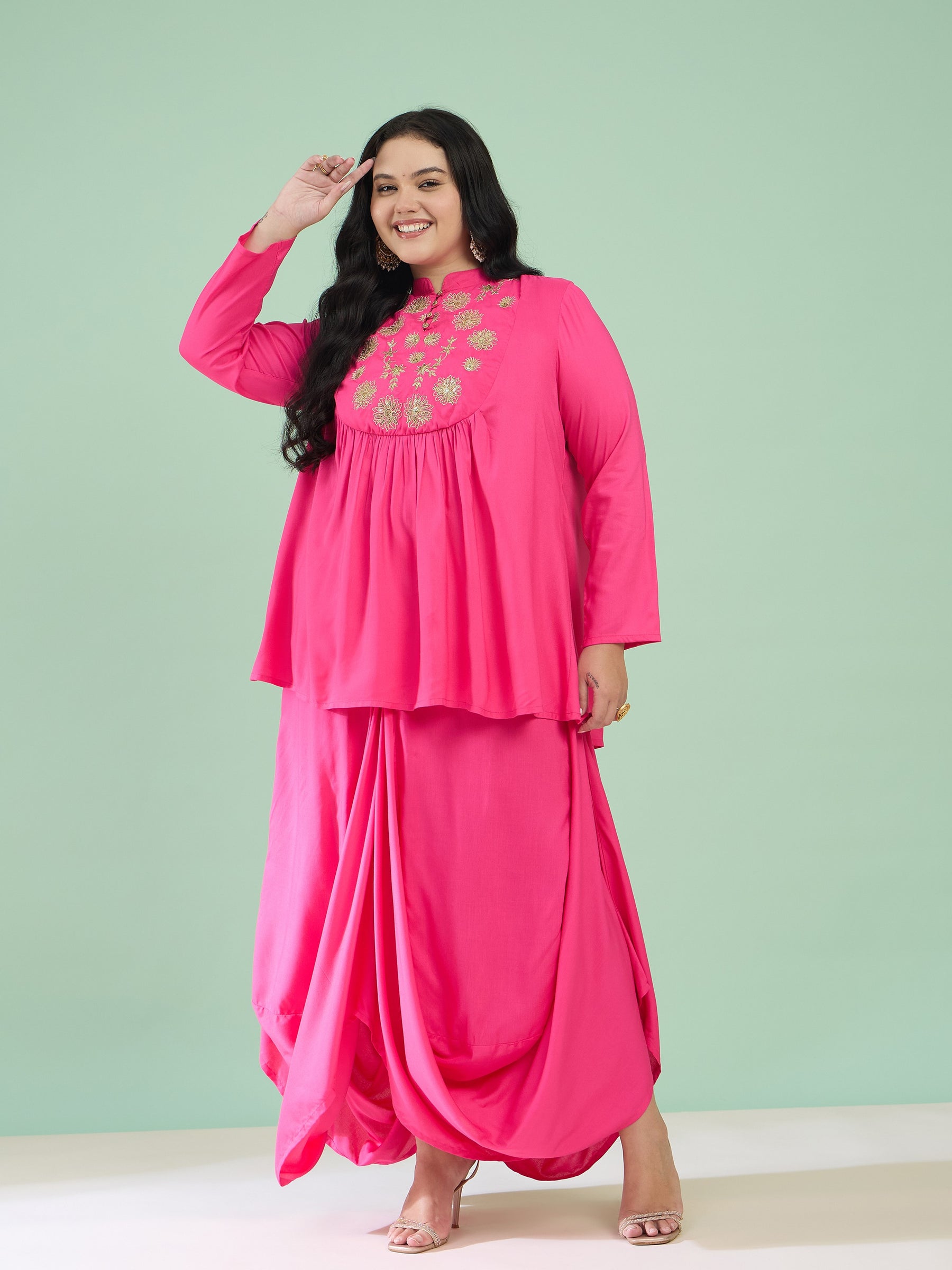 Women Fuchsia Rayon Embroidered Peplum Top With Dhoti Skirt