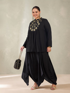 Black Rayon Embroidered Peplum Top With Dhoti Skirt-Shae by SASSAFRAS