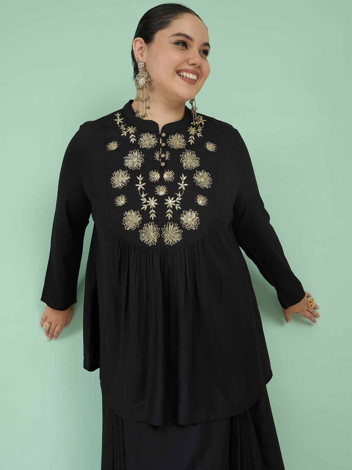 Black Rayon Embroidered Peplum Top With Dhoti Skirt-Shae by SASSAFRAS