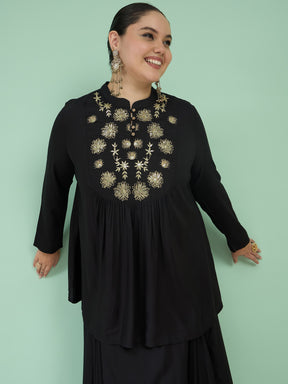 Black Rayon Embroidered Peplum Top With Dhoti Skirt-Shae by SASSAFRAS