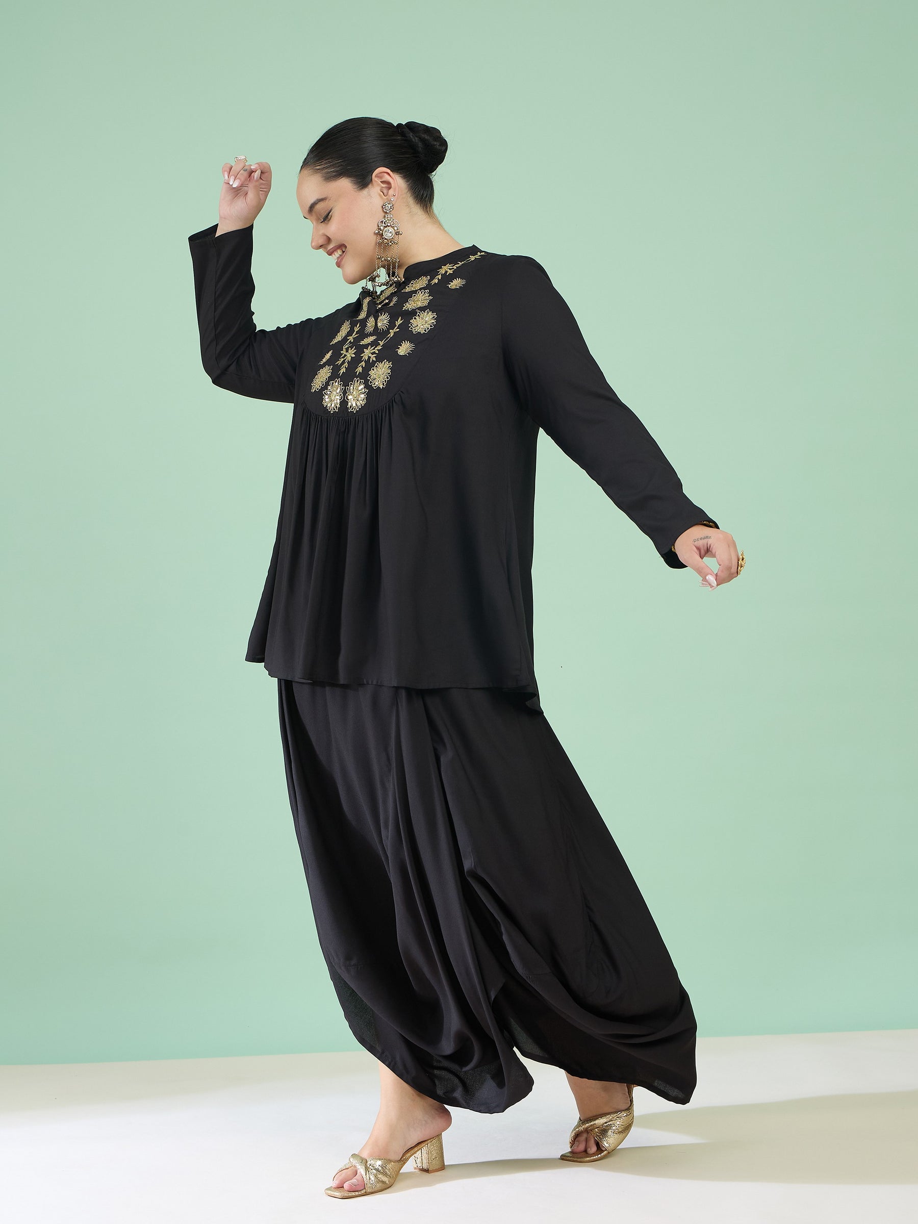 Black Rayon Embroidered Peplum Top With Dhoti Skirt-Shae by SASSAFRAS