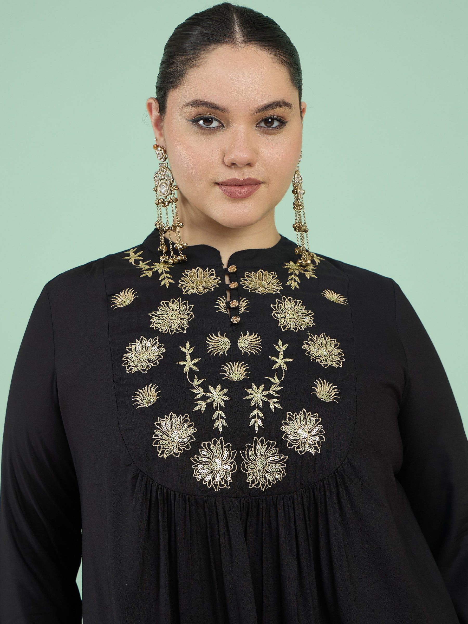 Black Rayon Embroidered Peplum Top With Dhoti Skirt-Shae by SASSAFRAS