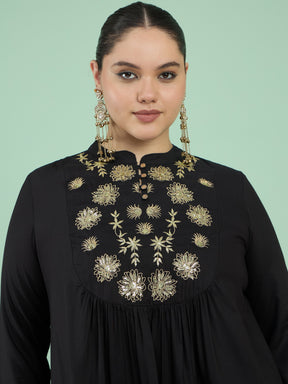 Black Rayon Embroidered Peplum Top With Dhoti Skirt-Shae by SASSAFRAS