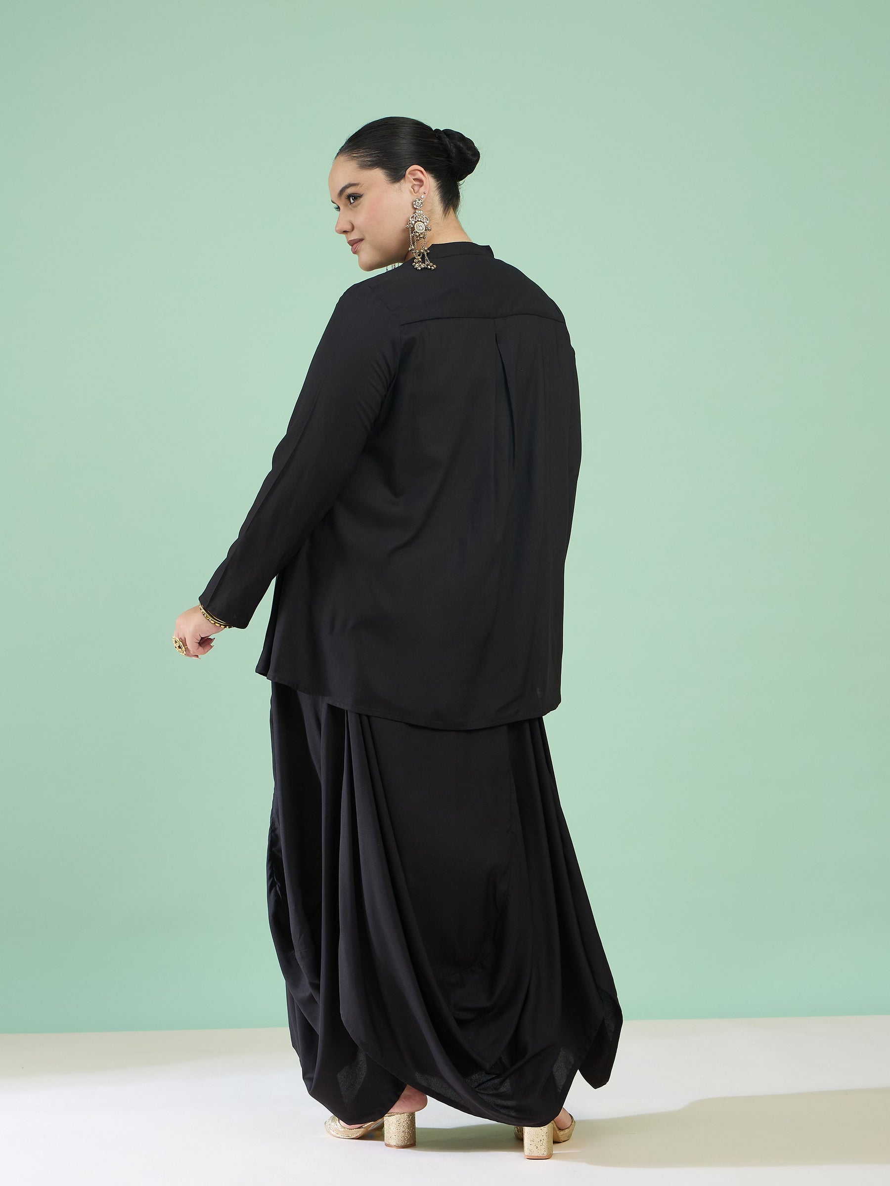 Women Black Rayon Embroidered Peplum Top With Dhoti Skirt
