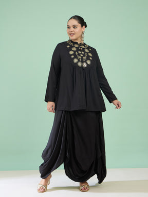 Women Black Rayon Embroidered Peplum Top With Dhoti Skirt
