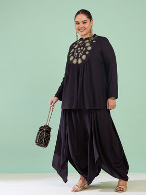 Women Black Rayon Embroidered Peplum Top With Dhoti Skirt
