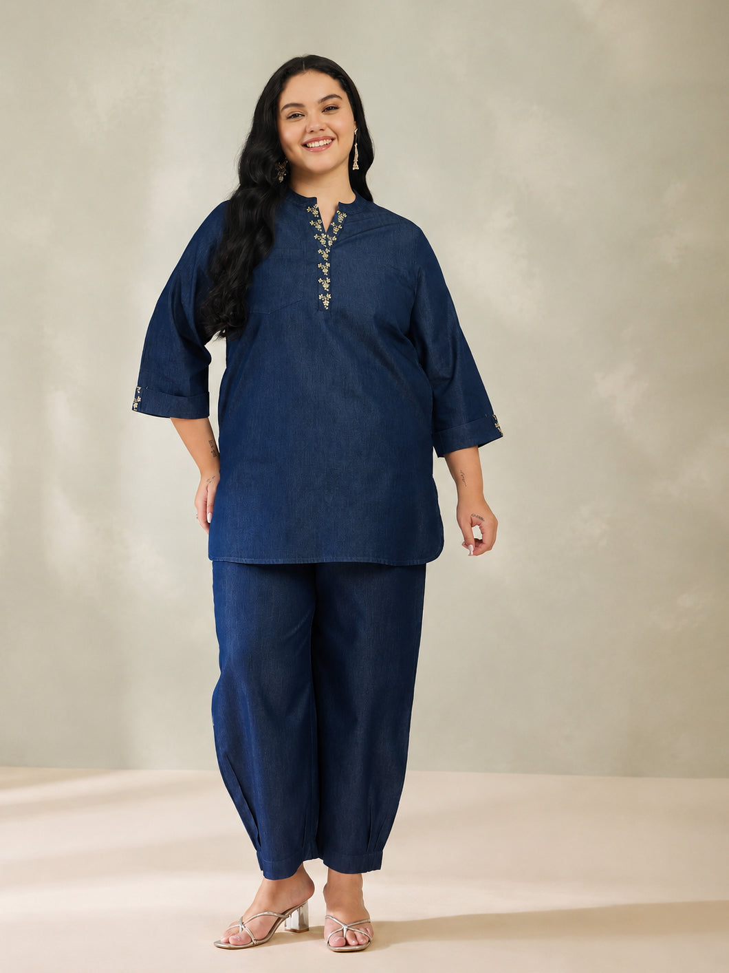 Navy Tencel Placket Embroidered Short Kurta With Pants -Shae by SASSAFRAS