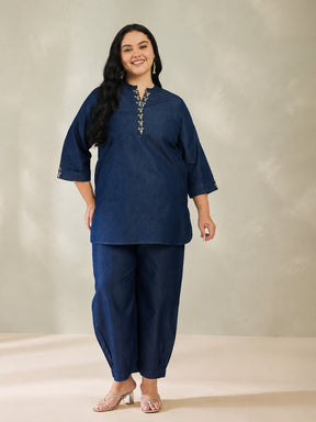 Navy Tencel Placket Embroidered Short Kurta With Pants -Shae by SASSAFRAS