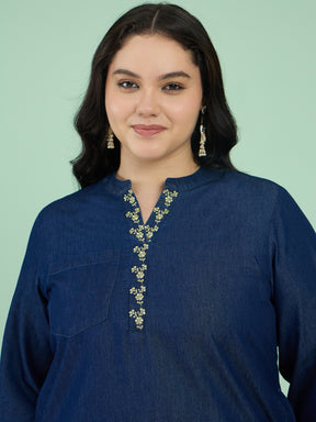 Navy Tencel Placket Embroidered Short Kurta With Pants -Shae by SASSAFRAS