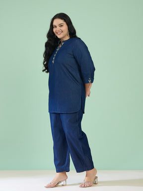 Navy Tencel Placket Embroidered Short Kurta With Pants -Shae by SASSAFRAS