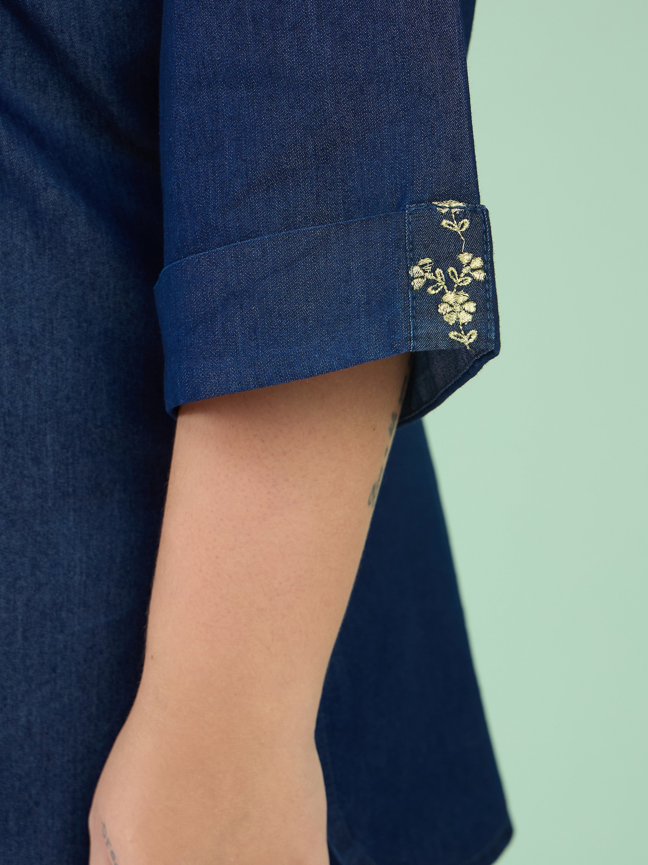Women Navy Tencel Placket Embroidered Short Kurta With Pants
